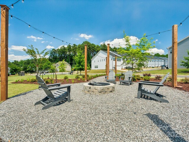 view of patio / terrace featuring an outdoor fire pit