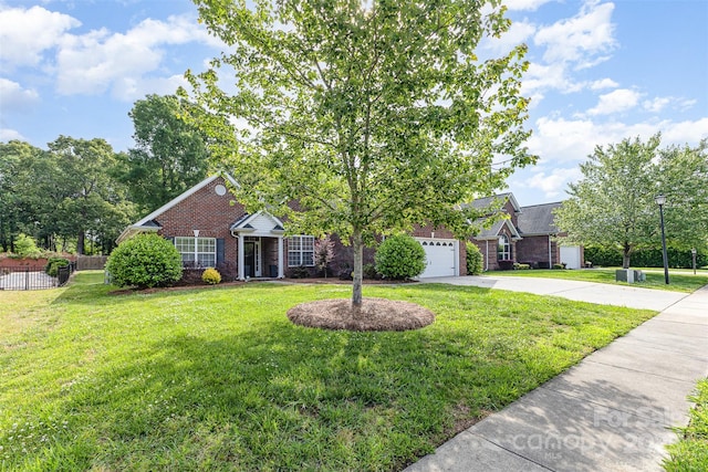 obstructed view of property with concrete driveway, brick siding, and an attached garage