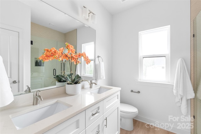 full bathroom featuring wood finished floors, toilet, a sink, and a stall shower