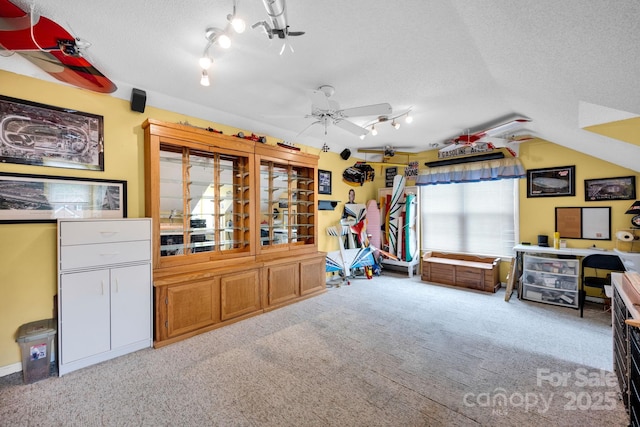 carpeted bedroom with a textured ceiling, lofted ceiling, and rail lighting