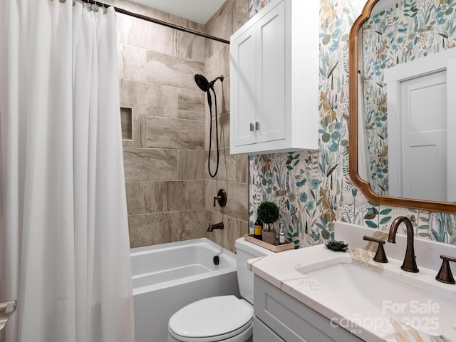 bathroom with shower / bath combo, toilet, and vanity