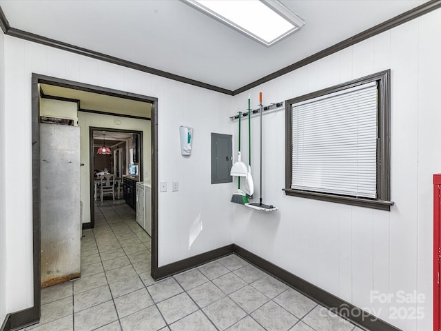 corridor with ornamental molding, electric panel, light tile patterned floors, and baseboards