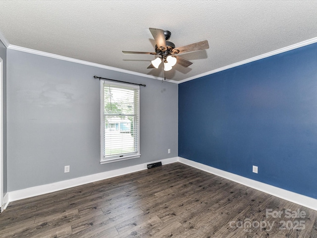 70 Cumberland Ct SW, Concord, NC 28025 - spare room featuring dark wood-type flooring, ceiling fan, a textured ceiling, ornamental molding, and baseboards
