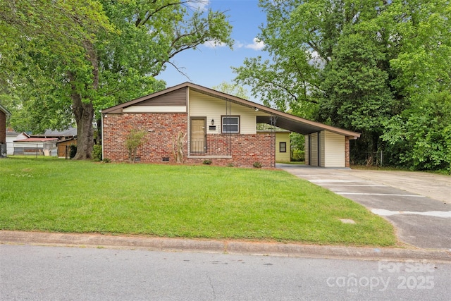 3828 Delgany Dr, Charlotte, NC 28215 - mid-century inspired home featuring brick siding, a front yard, concrete driveway, and an attached carport