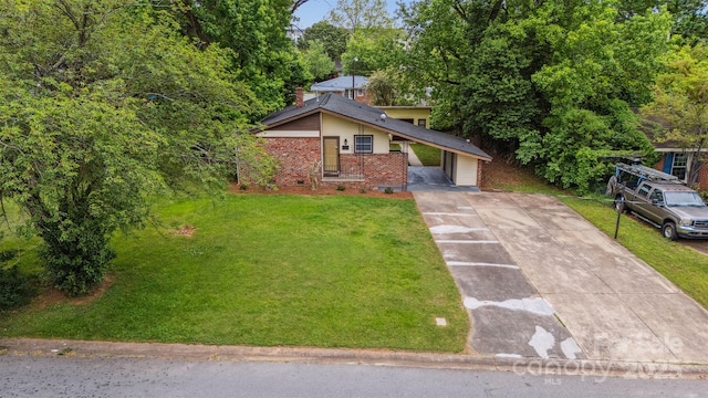3828 Delgany Dr, Charlotte, NC 28215 - view of front of property with a front yard, driveway, brick siding, a carport, and a chimney