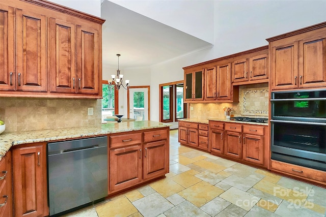 4509 Rosecliff Dr, Charlotte, NC 28277 - kitchen featuring stainless steel dishwasher, brown cabinetry, multiple ovens, and tasteful backsplash