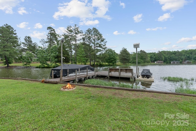 dock featuring an outdoor fire pit, a water view, and a lawn