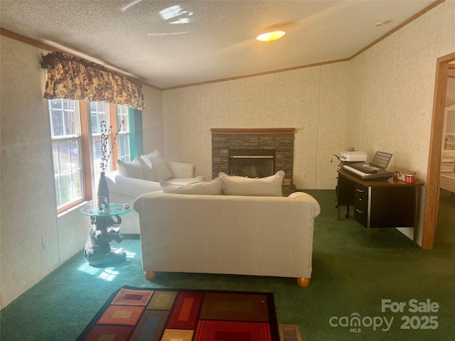 343 Daytona Ln, Saluda, NC 28773 - carpeted living room featuring crown molding, a fireplace, a textured ceiling, and lofted ceiling