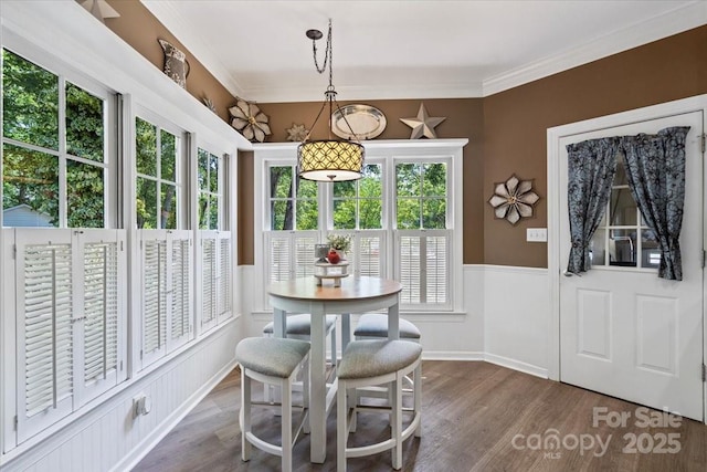 dining space featuring a wainscoted wall, a healthy amount of sunlight, and dark wood finished floors
