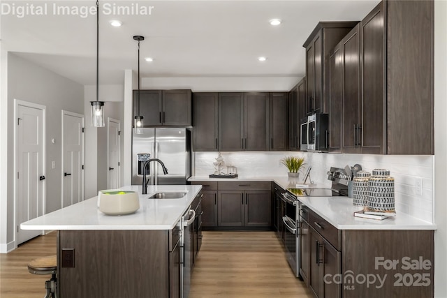 kitchen featuring light wood-type flooring, a sink, appliances with stainless steel finishes, and dark brown cabinets