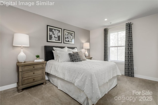 bedroom featuring baseboards, light carpet, recessed lighting, and visible vents