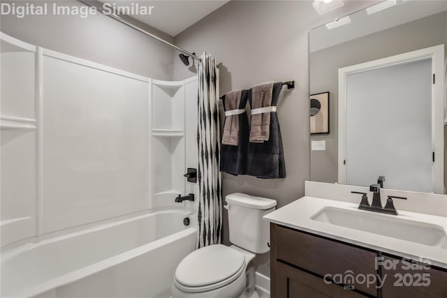 full bathroom with vanity, toilet, and shower / tub combo with curtain