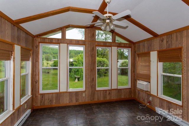 80 Beech Glen Dr, Black Mountain, NC 28711 - unfurnished sunroom with a baseboard radiator, baseboard heating, vaulted ceiling, and wood walls