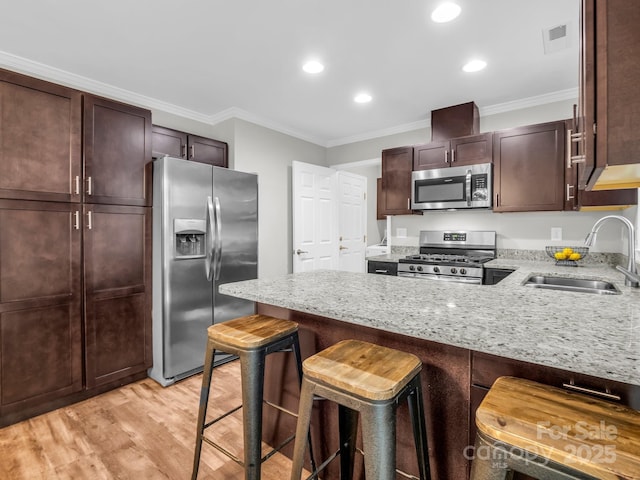 kitchen with a sink, appliances with stainless steel finishes, crown molding, and light stone countertops