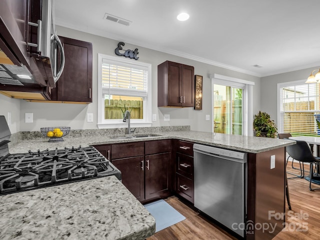 kitchen featuring crown molding, a sink, light wood finished floors, stainless steel appliances, and a peninsula