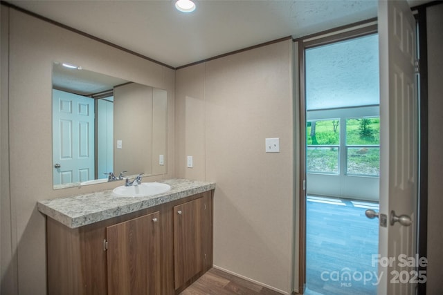 bathroom with vanity, baseboards, and wood finished floors
