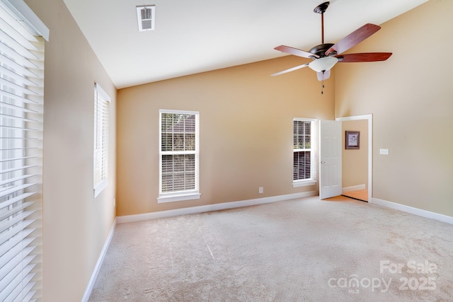 spare room featuring visible vents, a ceiling fan, baseboards, and carpet floors