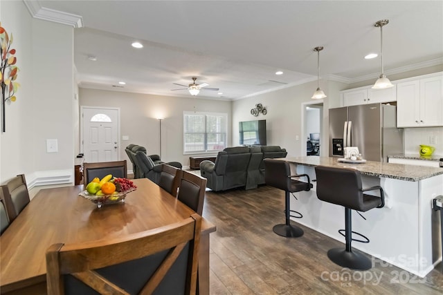 3015 Great Falls Highway, Chester, SC 29014 - dining room featuring recessed lighting, a ceiling fan, dark wood-style flooring, and crown molding