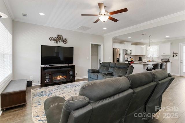 3015 Great Falls Highway, Chester, SC 29014 - living area with ornamental molding, a ceiling fan, light wood-type flooring, and visible vents