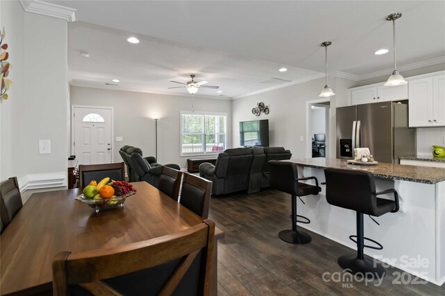 3015 Great Falls Highway, Chester, SC 29014 - dining area featuring recessed lighting, crown molding, dark wood finished floors, and ceiling fan