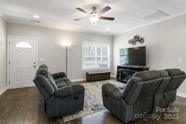 3015 Great Falls Highway, Chester, SC 29014 - living area with visible vents, ornamental molding, dark wood finished floors, and ceiling fan