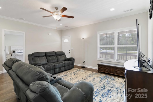 3015 Great Falls Highway, Chester, SC 29014 - living room with crown molding, ceiling fan, recessed lighting, wood finished floors, and visible vents