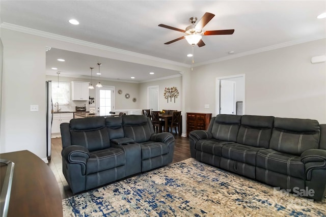 3015 Great Falls Highway, Chester, SC 29014 - living area with ornamental molding, a ceiling fan, recessed lighting, and wood finished floors