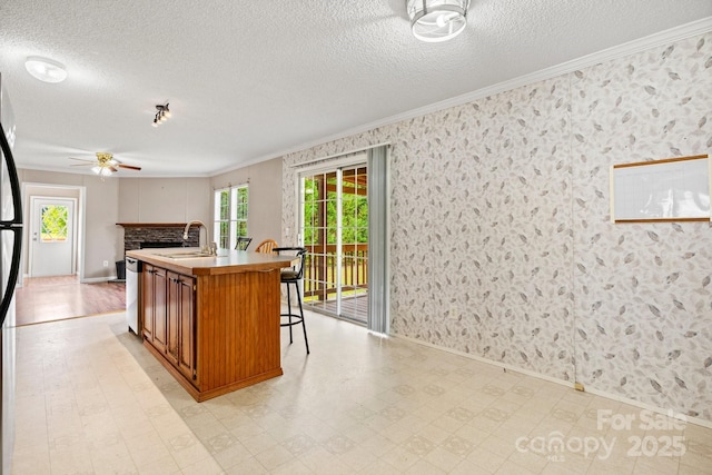 2521 Melvin Propst Dr, Morganton, NC 28655 - kitchen featuring ornamental molding, healthy amount of natural light, a fireplace, a textured ceiling, and brown cabinetry