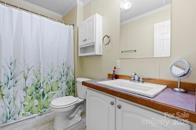 2521 Melvin Propst Dr, Morganton, NC 28655 - bathroom with a textured ceiling, vanity, toilet, ornamental molding, and wood finished floors