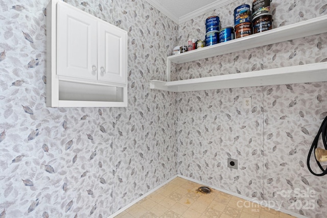 2521 Melvin Propst Dr, Morganton, NC 28655 - washroom with crown molding, hookup for an electric dryer, tile patterned floors, wallpapered walls, and washer hookup
