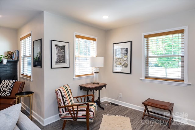 sitting room with baseboards, plenty of natural light, and wood finished floors
