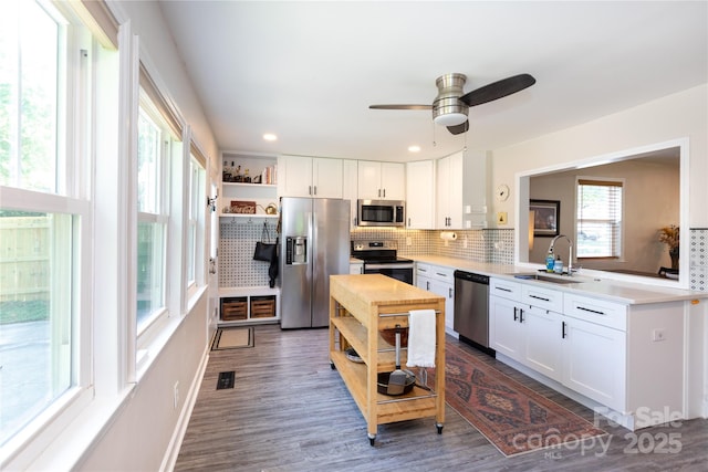 kitchen featuring open shelves, a ceiling fan, tasteful backsplash, a sink, and stainless steel appliances