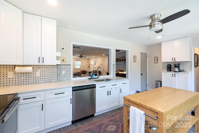 kitchen with a sink, a ceiling fan, dark wood-type flooring, and dishwasher