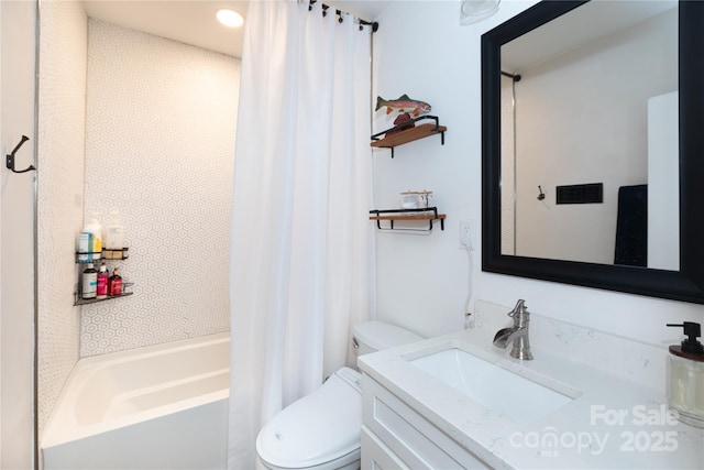 full bath with visible vents, shower / bath combination with curtain, toilet, and vanity