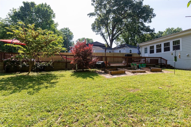 view of yard featuring fence and a vegetable garden