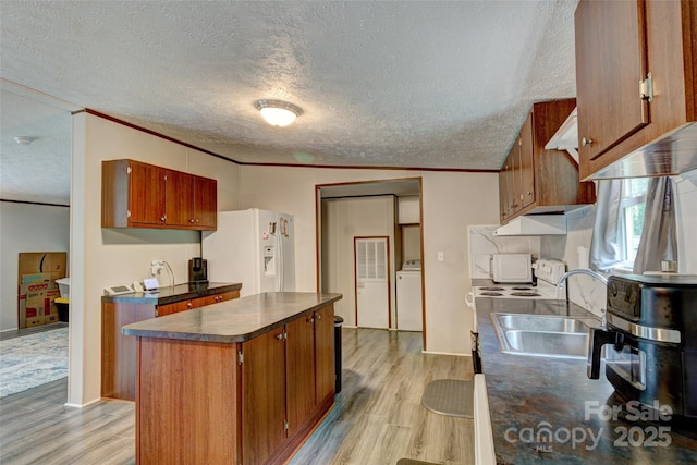 101 J M Ln, Lawndale, NC 28090 - kitchen with a textured ceiling, dark countertops, washer / dryer, under cabinet range hood, and white appliances