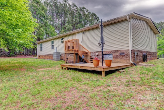 101 J M Ln, Lawndale, NC 28090 - rear view of house featuring central AC, a deck, stairs, crawl space, and a yard