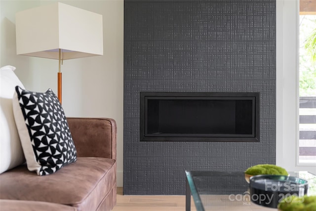 interior space with a glass covered fireplace and wood finished floors