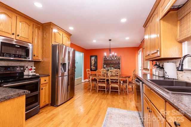 kitchen featuring a sink, appliances with stainless steel finishes, backsplash, and dark countertops