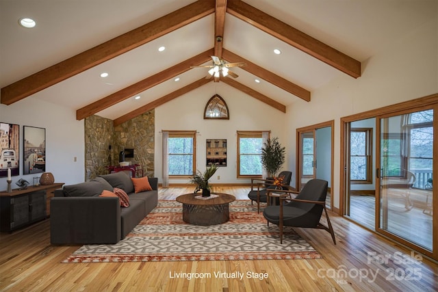 living area with light wood finished floors, recessed lighting, beam ceiling, and a ceiling fan