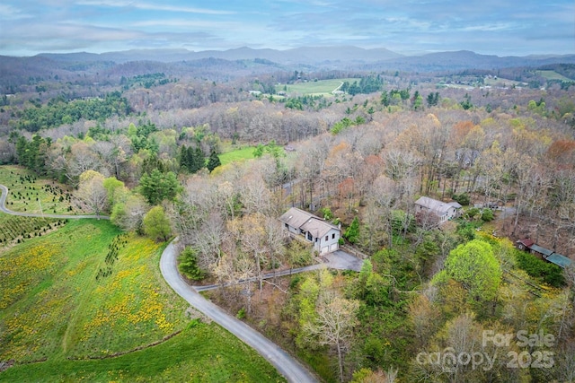 aerial view with a mountain view and a view of trees