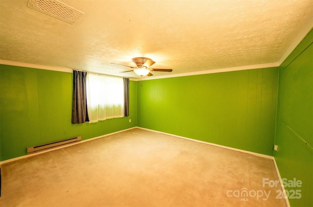 carpeted empty room with visible vents, a baseboard radiator, a textured ceiling, and a ceiling fan
