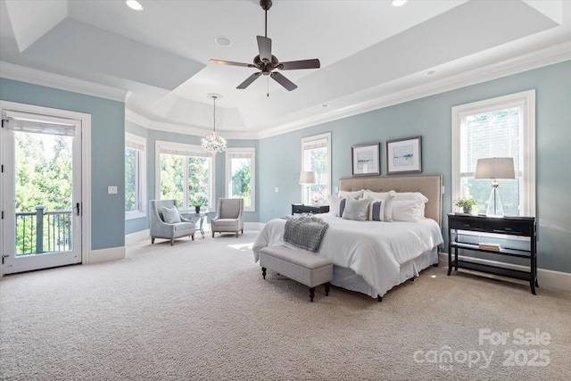 8904 Woodhall Lake Dr, Waxhaw, NC 28173 - carpeted bedroom with a raised ceiling, ornamental molding, multiple windows, and access to exterior