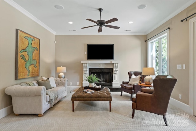8904 Woodhall Lake Dr, Waxhaw, NC 28173 - living room with crown molding, a premium fireplace, ceiling fan, and light colored carpet