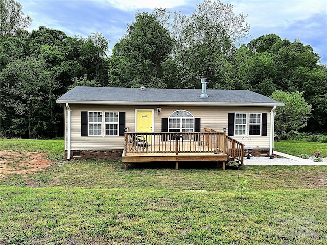manufactured / mobile home with a front lawn, a deck, and crawl space