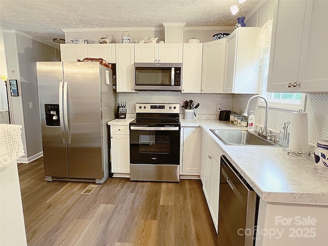 kitchen featuring stainless steel appliances, ornamental molding, a sink, and light wood finished floors