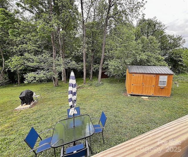 view of yard with a storage shed and an outbuilding