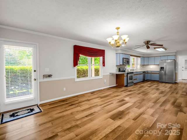 209 Daniel Dr, Hendersonville, NC 28739 - kitchen with stainless steel appliances, a textured ceiling, a chandelier, light wood finished floors, and ceiling fan