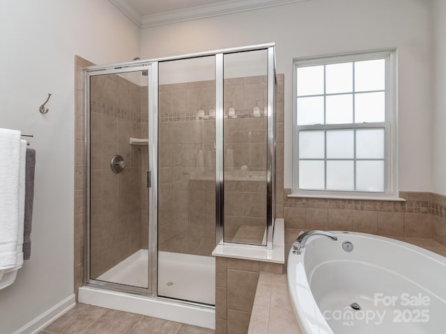 2125 Belle Vernon Ave, Charlotte, NC 28210 - bathroom with a stall shower, ornamental molding, a garden tub, and healthy amount of natural light