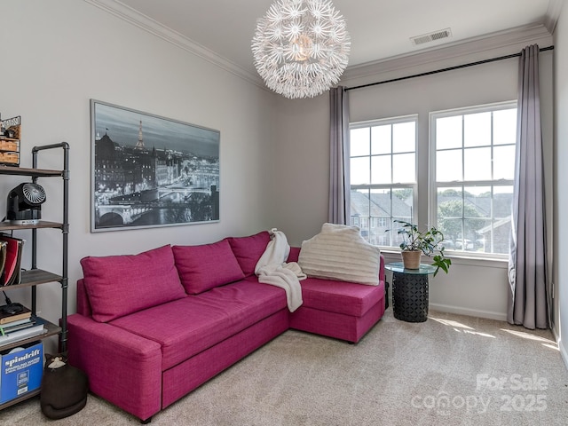 2125 Belle Vernon Ave, Charlotte, NC 28210 - living area with crown molding, carpet floors, a chandelier, and baseboards